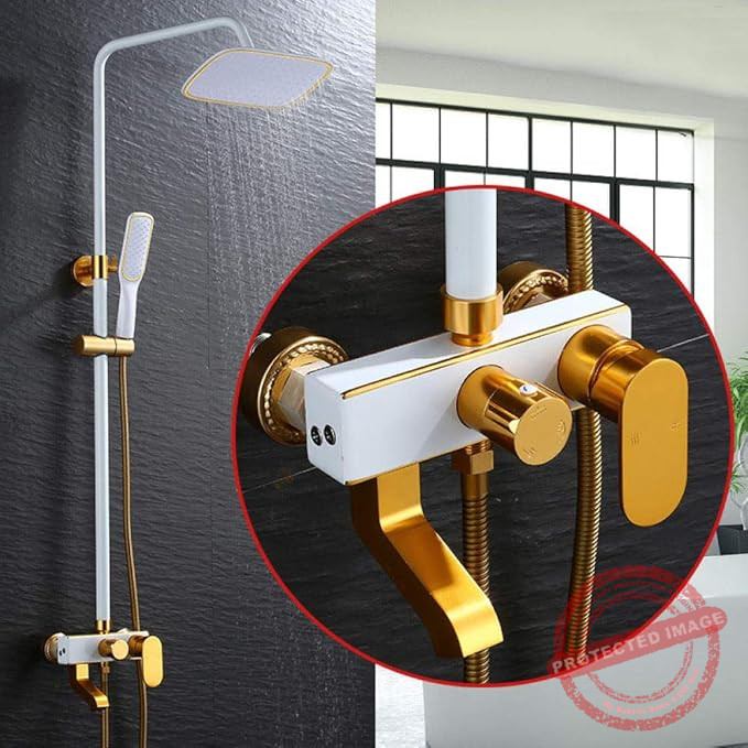 Gold and White Wall-Mounted Bath & Shower Faucet Set