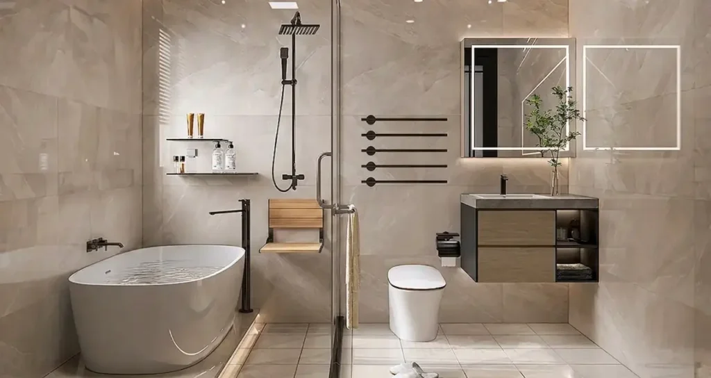 A photo of a modern bathroom with light marble walls and tiled floors. The room features a white freestanding bathtub with a black floor-mounted faucet on the left, and a glass-enclosed shower on the right with a matte black rain shower head and a folding wooden seat. A wall-mounted vanity with wood drawers, a vessel sink, an illuminated square mirror, and black towel racks are also visible.
