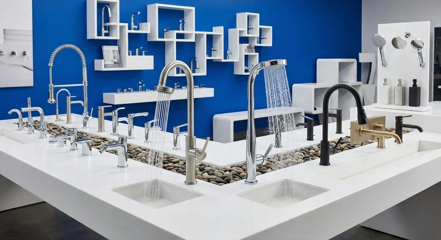 An indoor showroom display showcasing a diverse collection of sleek, contemporary bathroom taps, faucets, and overhead shower heads. The fixtures come in a variety of styles and finishes, including polished chrome and matte black, arranged on a textured, light-colored surface. A long white countertop holds several integrated square and rectangular sinks, with some taps demonstrating different water flow patterns. The backdrop is a vibrant blue wall adorned with numerous modern minimalist shelves displaying additional tap designs. To the left, a coiled faucet and a large round mirror frame with hanging pendant lights add to the modern aesthetic, while the right side features a window with an outdoor view and a variety of plants. The image has a natural, well-lit, and polished aesthetic.